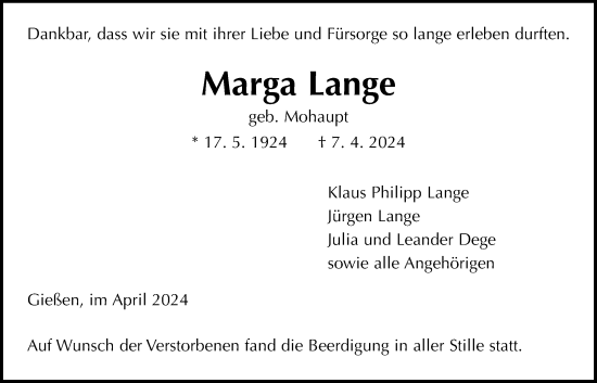 Traueranzeige von Marga Lange von Giessener Anzeiger, Giessener Allgemeine, Alsfelder Allgemeine