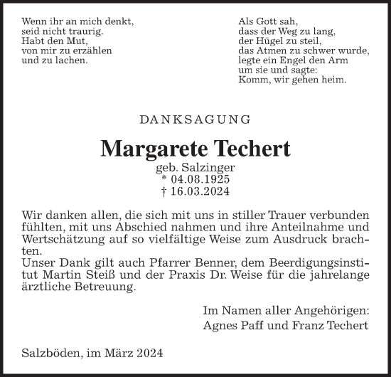 Traueranzeige von Margarete Techert von Giessener Allgemeine, Alsfelder Allgemeine