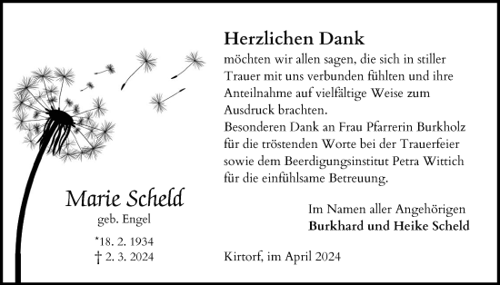 Traueranzeige von Marie Scheld von Oberhessische Zeitung