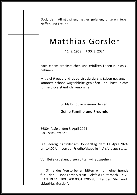 Traueranzeige von Matthias Gorsler von Alsfelder Allgemeine, Oberhessische Zeitung, Lauterbacher Anzeiger