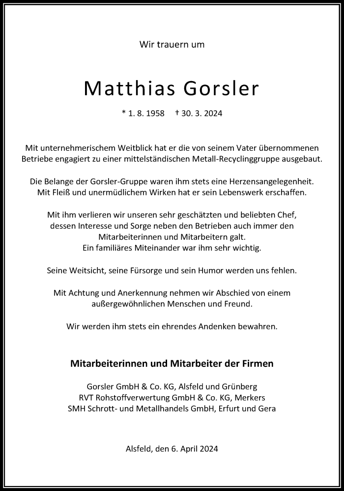  Traueranzeige für Matthias Gorsler vom 06.04.2024 aus Alsfelder Allgemeine, Oberhessische Zeitung, Lauterbacher Anzeiger