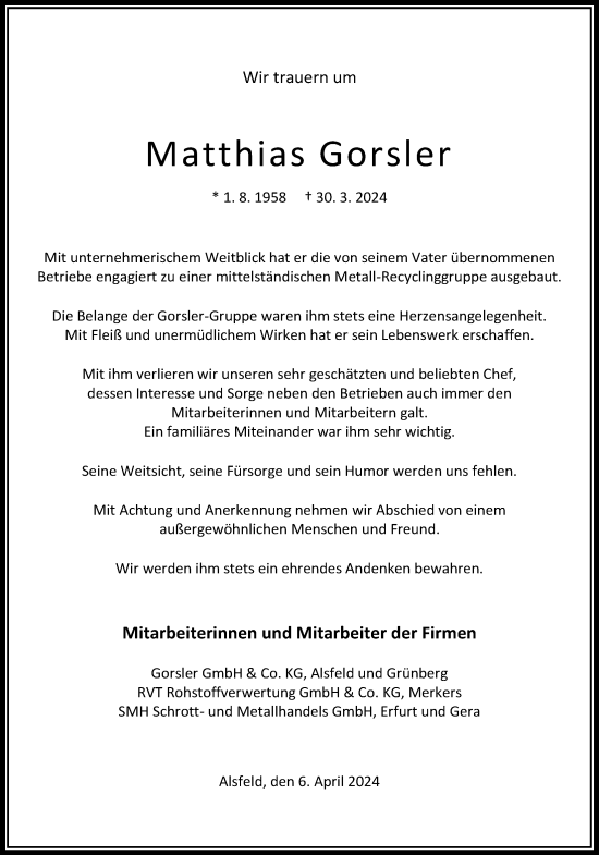 Traueranzeige von Matthias Gorsler von Alsfelder Allgemeine, Oberhessische Zeitung, Lauterbacher Anzeiger