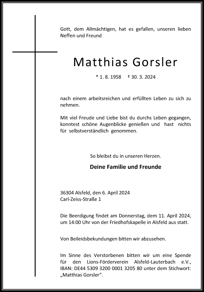  Traueranzeige für Matthias Gorsler vom 06.04.2024 aus Alsfelder Allgemeine, Oberhessische Zeitung, Lauterbacher Anzeiger