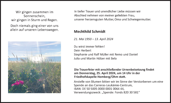 Traueranzeige von Mechthild Schmidt von Giessener Allgemeine, Alsfelder Allgemeine