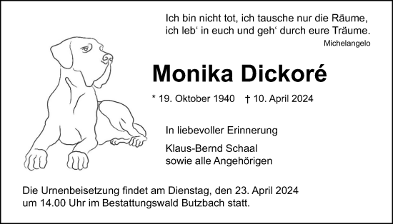 Traueranzeige von Monika Dickore von Butzbacher Zeitung