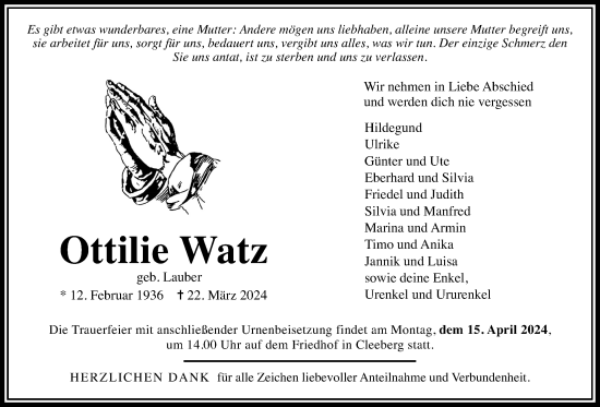 Traueranzeige von Ottilie Watz von Butzbacher Zeitung
