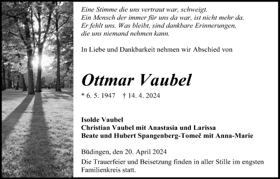 Traueranzeige von Ottmar Vaubel von Kreis-Anzeiger