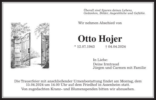 Traueranzeige von Otto Hojer von Wetterauer Zeitung