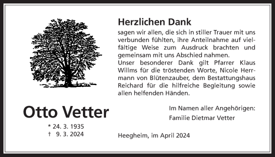 Traueranzeige von Otto Vetter von Kreis-Anzeiger