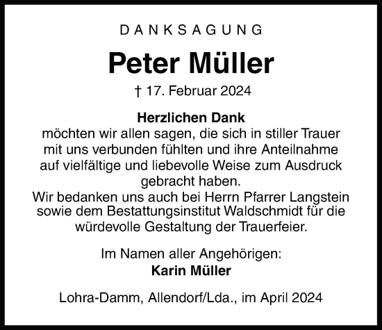 Traueranzeige von Peter Müller von Giessener Anzeiger, Giessener Allgemeine, Alsfelder Allgemeine
