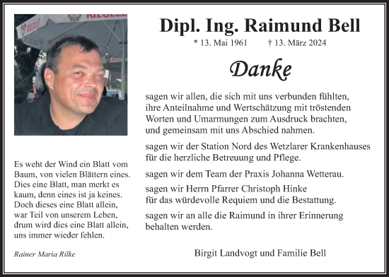 Traueranzeige von Raimund Bell von Wetterauer Zeitung, Butzbacher Zeitung
