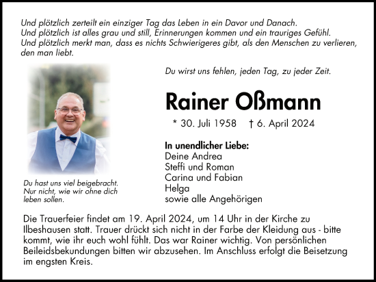 Traueranzeige von Rainer Oßmann von Lauterbacher Anzeiger