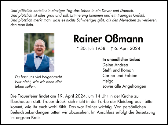 Traueranzeige von Rainer Oßmann von Lauterbacher Anzeiger
