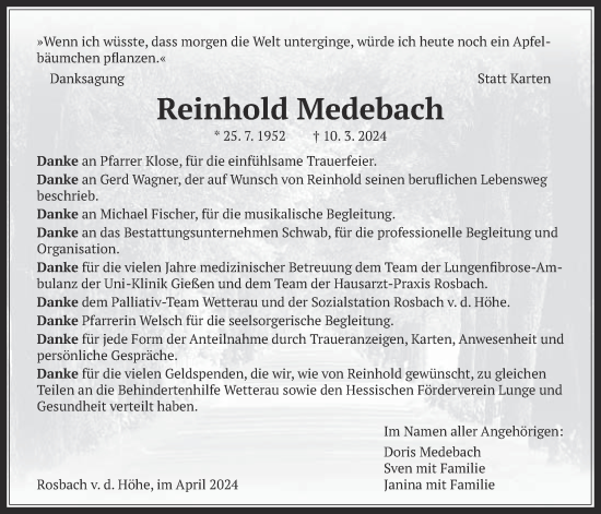 Traueranzeige von Reinhold Medebach von Wetterauer Zeitung, Kreis-Anzeiger