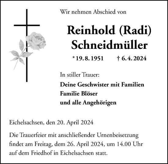 Traueranzeige von Reinhold Schneidmüller von Kreis-Anzeiger