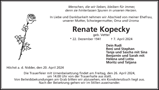 Traueranzeige von Renate Kopecky von Kreis-Anzeiger