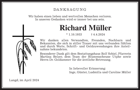 Traueranzeige von Richard Müller von Licher Wochenblatt