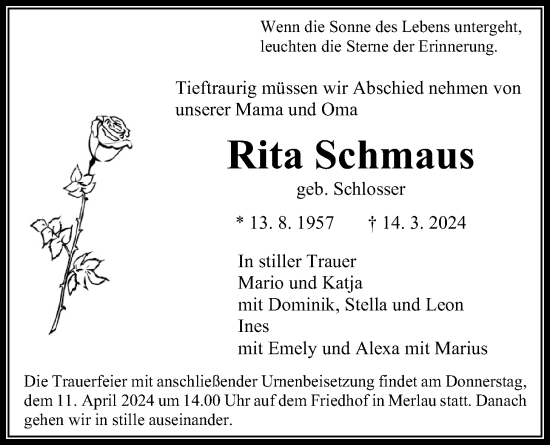 Traueranzeige von Rita Schmaus von Giessener Allgemeine, Alsfelder Allgemeine