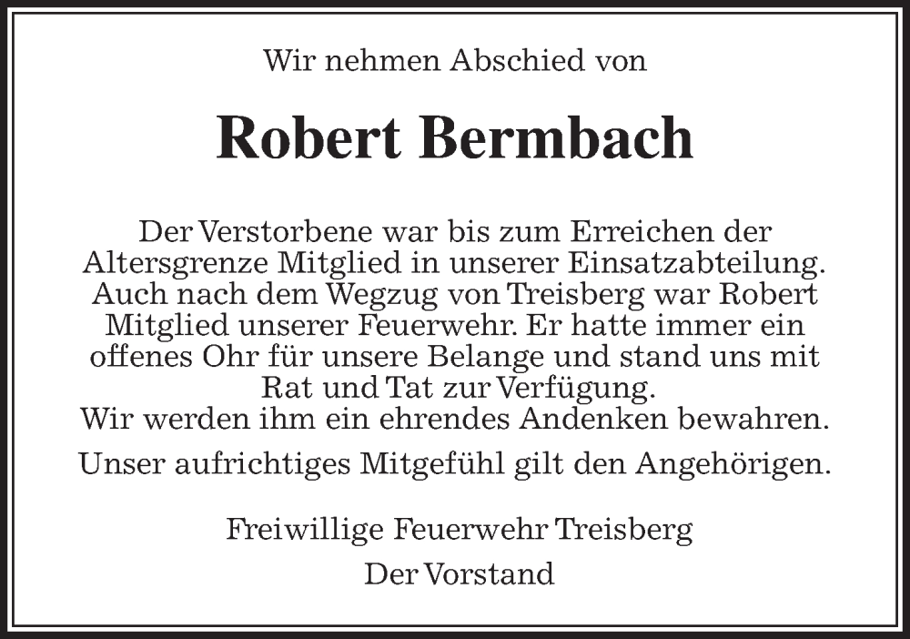  Traueranzeige für Robert Bermbach vom 13.04.2024 aus Usinger Anzeiger