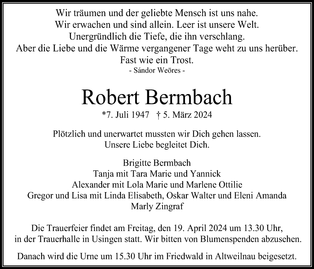  Traueranzeige für Robert Bermbach vom 13.04.2024 aus Usinger Anzeiger, Usinger Anzeigenblatt