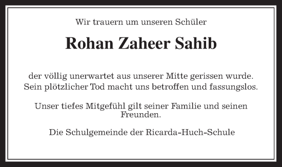 Traueranzeige von Rohan Zaheer Sahib von Giessener Allgemeine, Alsfelder Allgemeine