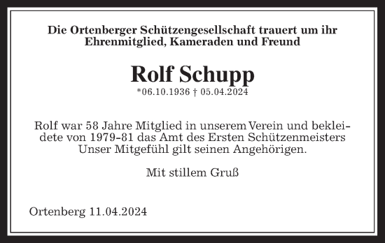 Traueranzeige von Rolf Schupp von Kreis-Anzeiger