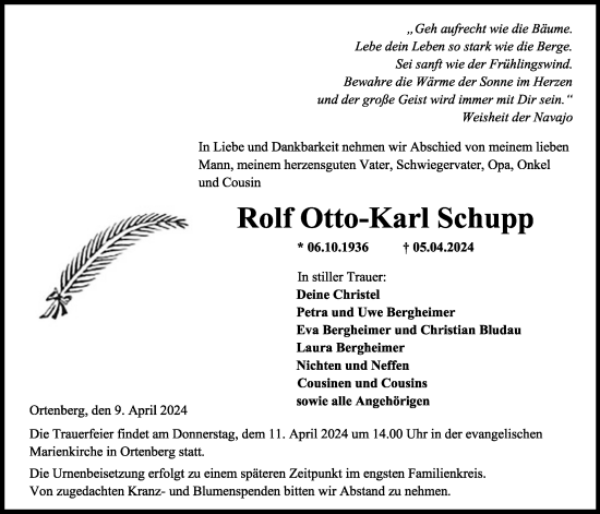 Traueranzeige von Rolf Otto-Karl Schupp von Kreis-Anzeiger