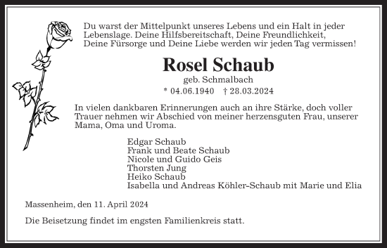 Traueranzeige von Rosel Schaub von Bad Vilbel/Karben
