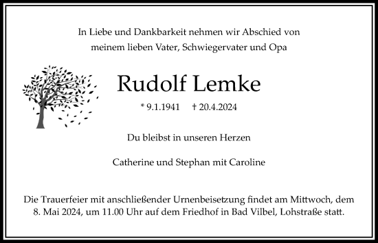 Traueranzeige von Rudolf Lemke von Bad Vilbel/Karben
