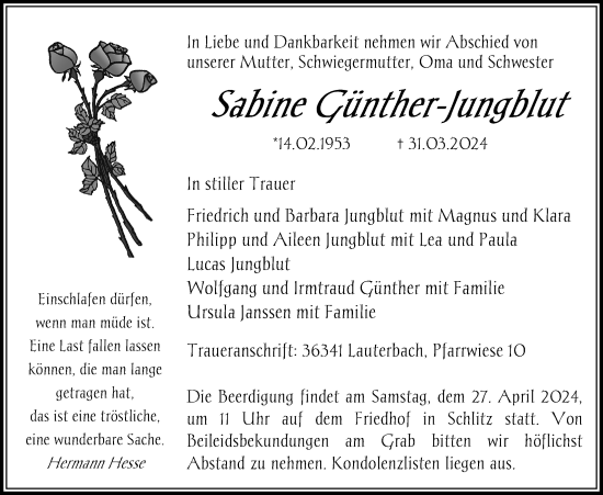 Traueranzeige von Sabine Günther-Jungblut von Lauterbacher Anzeiger