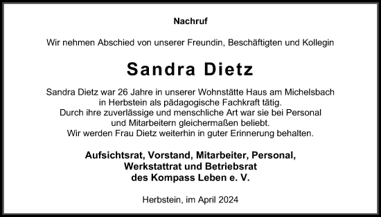 Traueranzeige von Sandra Dietz von Oberhessische Zeitung, Lauterbacher Anzeiger