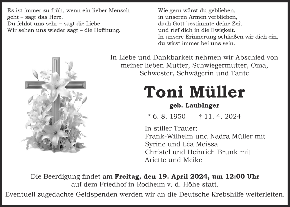  Traueranzeige für Toni Müller vom 17.04.2024 aus Wetterauer Zeitung, Wetterauer Zeitung