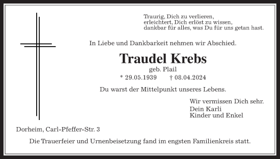 Traueranzeige von Traudel Krebs von Wetterauer Zeitung