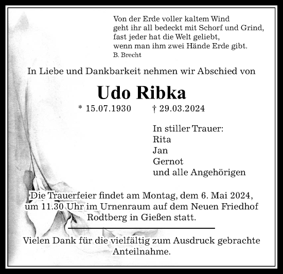 Traueranzeige von Udo Ribka von Giessener Allgemeine, Alsfelder Allgemeine
