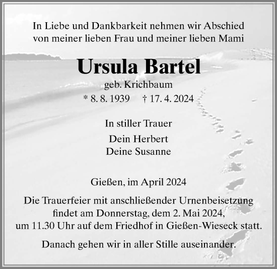 Traueranzeige von Ursula Bartel von Giessener Allgemeine, Alsfelder Allgemeine, Giessener Anzeiger
