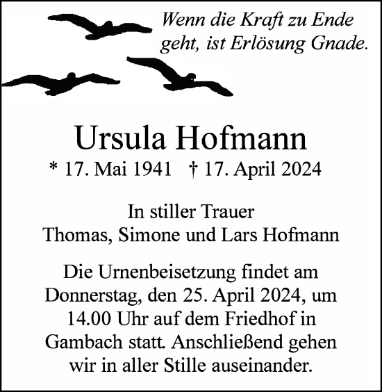 Traueranzeige von Ursula Hofmann von Butzbacher Zeitung