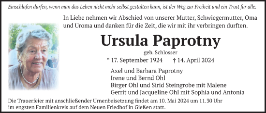 Traueranzeige von Ursula Paprotny von Giessener Allgemeine, Alsfelder Allgemeine, Wetterauer Zeitung