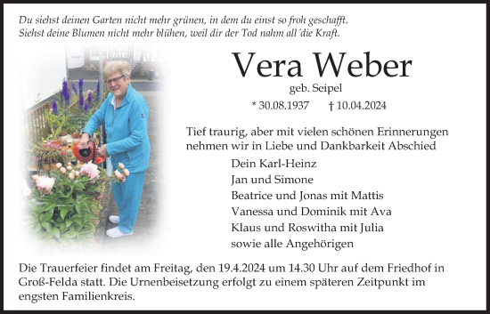Traueranzeige von Vera Weber von Lauterbacher Anzeiger, Oberhessische Zeitung
