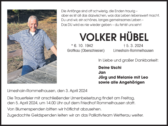 Traueranzeige von Volker Hübel von Kreis-Anzeiger
