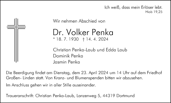 Traueranzeige von Volker Penka von Alsfelder Allgemeine, Giessener Allgemeine