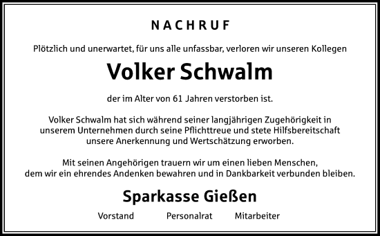Traueranzeige von Volker Schwalm von Giessener Anzeiger, Giessener Allgemeine, Alsfelder Allgemeine