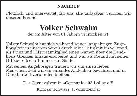 Traueranzeige von Volker Schwalm von Giessener Allgemeine, Alsfelder Allgemeine