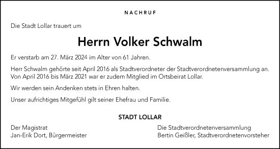 Traueranzeige von Volker Schwalm von Giessener Anzeiger, Giessener Allgemeine, Alsfelder Allgemeine