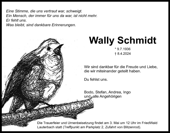 Traueranzeige von Wally Schmidt von Lauterbacher Anzeiger