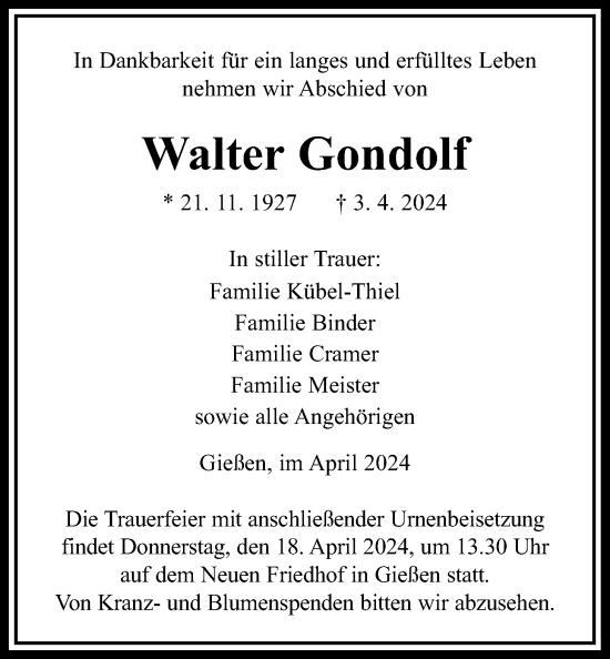 Traueranzeige von Walter Gondolf von Giessener Anzeiger