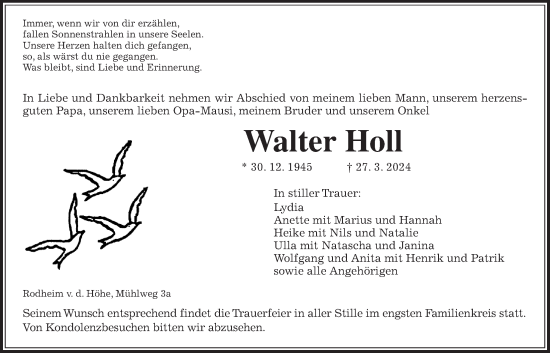 Traueranzeige von Walter Holl von Wetterauer Zeitung