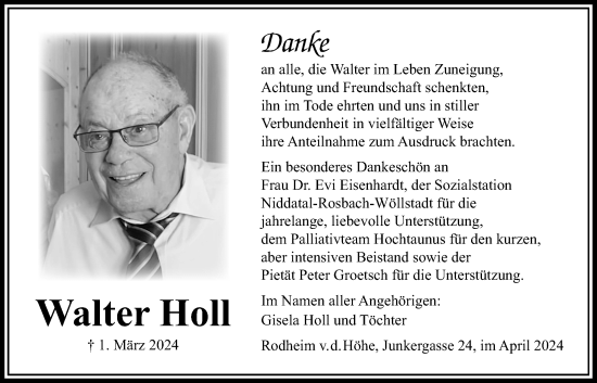 Traueranzeige von Walter Holl von Wetterauer Zeitung