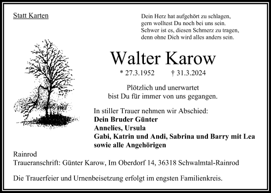 Traueranzeige von Walter Karow von Oberhessische Zeitung