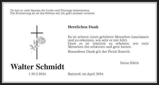 Traueranzeige von Walter Schmidt von Kreis-Anzeiger