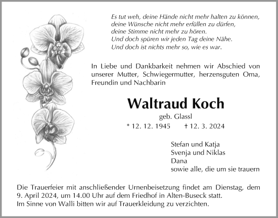 Traueranzeige von Waltraud Koch von Giessener Allgemeine, Alsfelder Allgemeine